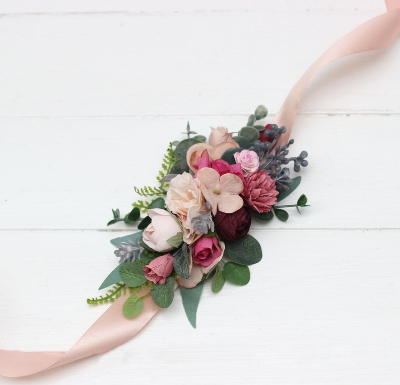 Dusty rose burgundy blue belt Floral sash Dusty rose wedding Flower sash Bridal accessory Flower girl belt Boho wedding immagine 3