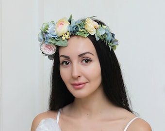 SALE! Ready to ship Pale blue pink spring flower crown Bridal headband Floral hair wreath Wedding halo Flower girl crown Bridesmaid