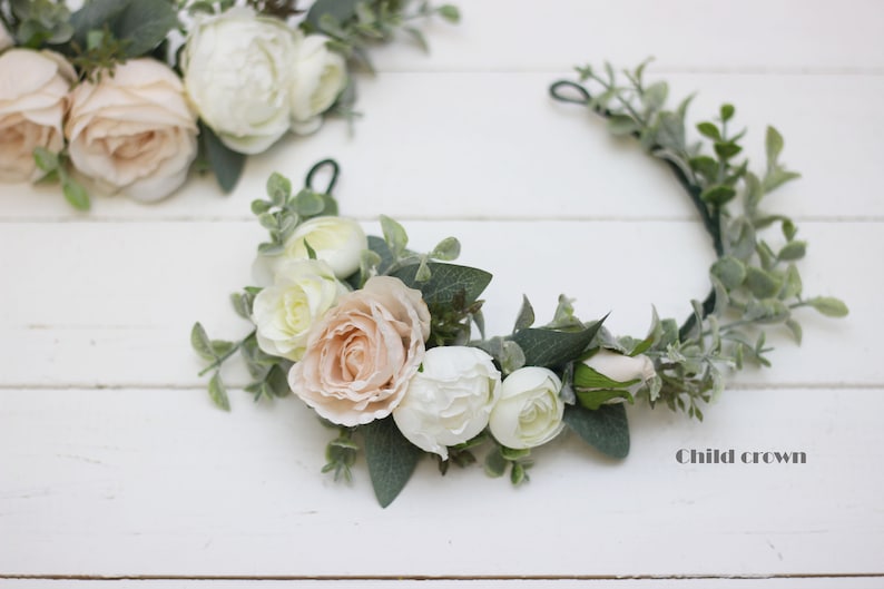 Baby crown Mommy and my Beige white eucalyptus flower crown Wedding hair wreath Bridal headpiece Boho Bridesmaid floral Leaves headband