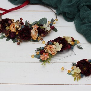 SALE Burgundy navy gold flower Deep red Eucalyptus floral headband Bridal hair wreath Wedding flower halo Maternity crown Bridesmaid crown image 8