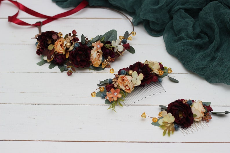 SALE Burgundy navy gold flower Deep red Eucalyptus floral headband Bridal hair wreath Wedding flower halo Maternity crown Bridesmaid crown image 8