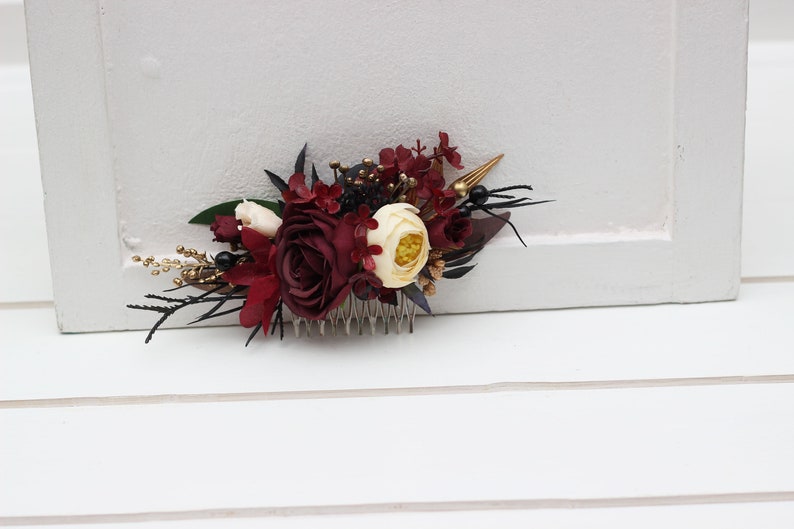 2-5 days to USA Burgundy black gold ivory flowers Floral comb Bridal flower clip Fall wedding flowers Wedding hair accessories image 2