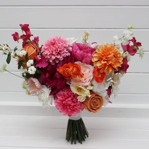 Colorful bridal bouquet Orange magenta pink flowers Summer wedding Wildflowers bouquet Bridesmaid bouquet Dahlias Roses Peonies Daisies