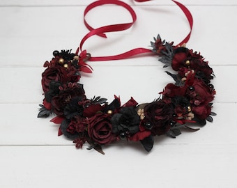 2-5 days to USA Burgundy black gold flower crown Bridal headpiece Burgundy wedding Bridesmaid Maternity Halloween wedding-0046