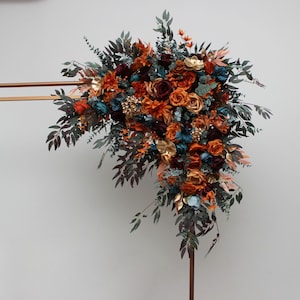 Teal rust gold burgundy arch flowers Fall wedding arch Archway flowers Pergola flowers Wedding arch arrangement Burgundy wedding