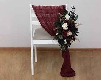 Aisle flowers in burgundy black gold ivory color scheme Chair flowers Sign flowers Wedding flowers Flowers for wedding decor