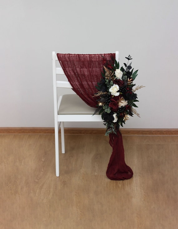 Aisle flowers in burgundy black gold ivory color scheme Chair flowers Sign flowers Wedding flowers Flowers for wedding decor