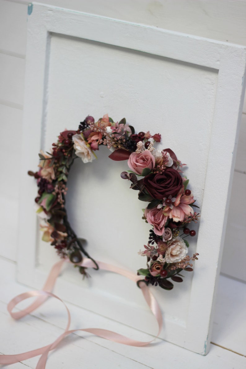 Burgundy dusty rose wedding crown Floral accessories Mommy and me Bridal hairpiece Flower girl headband Boho wedding Bridesmaid hairs