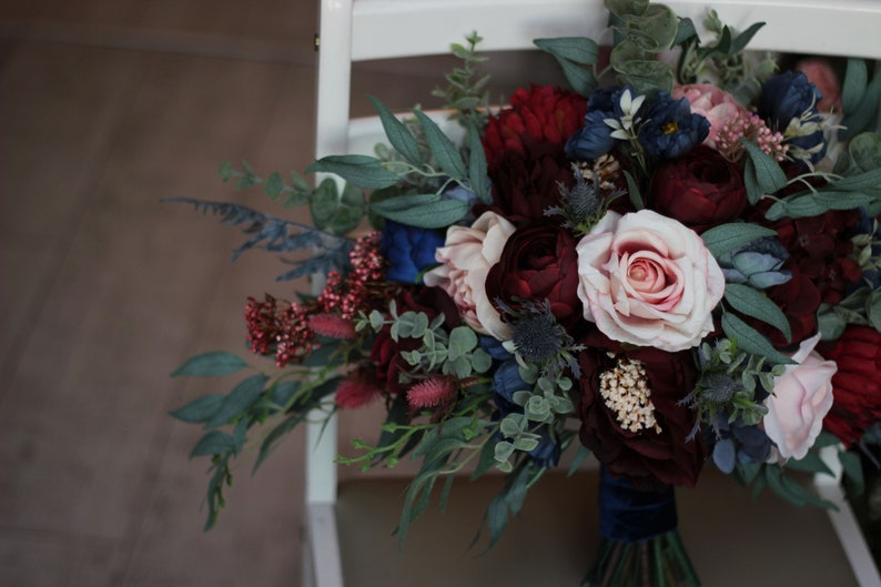 Burgundy navy blue blush pink flowers Bridal bouquet Faux Etsy