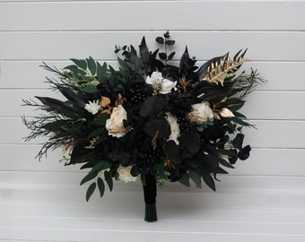 Hunter green ivory black gold bridal bouquet Halloween wedding Boho wedding flowers Faux flowers wedding arrangement Gothic wedding