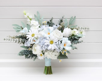 Wildflowers bouquet Spring summer wedding  flowers Sky blue white bouquet Silk flowers  Chamomiles bouquet Daisies bouquet