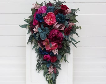 Jewel-tone wedding Emerald green purple magenta teal flowers Bridal bouquet Faux bouquet Boho wedding Wedding flowers Cascading bouquet