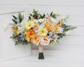 Spring summer wedding Cascading bouquet Orange peach yellow dusty blue flowers Faux bouquet Bridal bouquet Boho wedding Bridesmaid bouquet