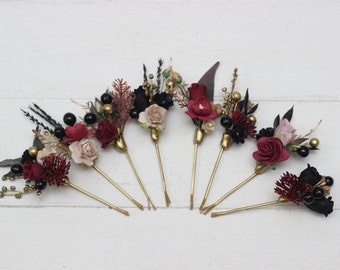 2-5 days to USA Halloween wedding Set of 8 bobby pins Burgundy black gold beige Floral hair accessories Boho wedding Fall wedding-0018