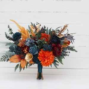 Dark teal rust gold bouquet Navy blue orange flowers Bridal bouquet Dahlia bouquet Fall wedding  Faux blooms Boho wedding Halloween wedding