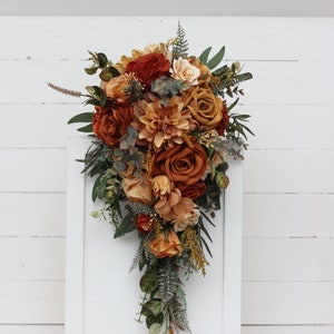 Cascading bouquet Fall wedding bouquet Rust orange gold Dahlia rose bouquet Faux bouquet Wedding flowers Boho wedding bouquet bridal bouquet