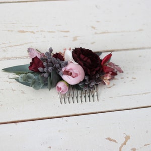 Burgundy wedding - Pink peonies Red roses accessories Bridesmaid flowers Bridal flowers Fall wedding Flower comb