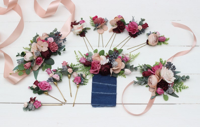 Dusty rose burgundy blue belt Floral sash Dusty rose wedding Flower sash Bridal accessory Flower girl belt Boho wedding immagine 2