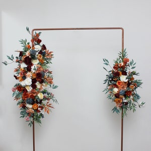 Rust burgundy ivory blue flowers Flower arch arrangement Wedding corner swag Faux flowers wedding arrangement Orange burgundy fall wedding