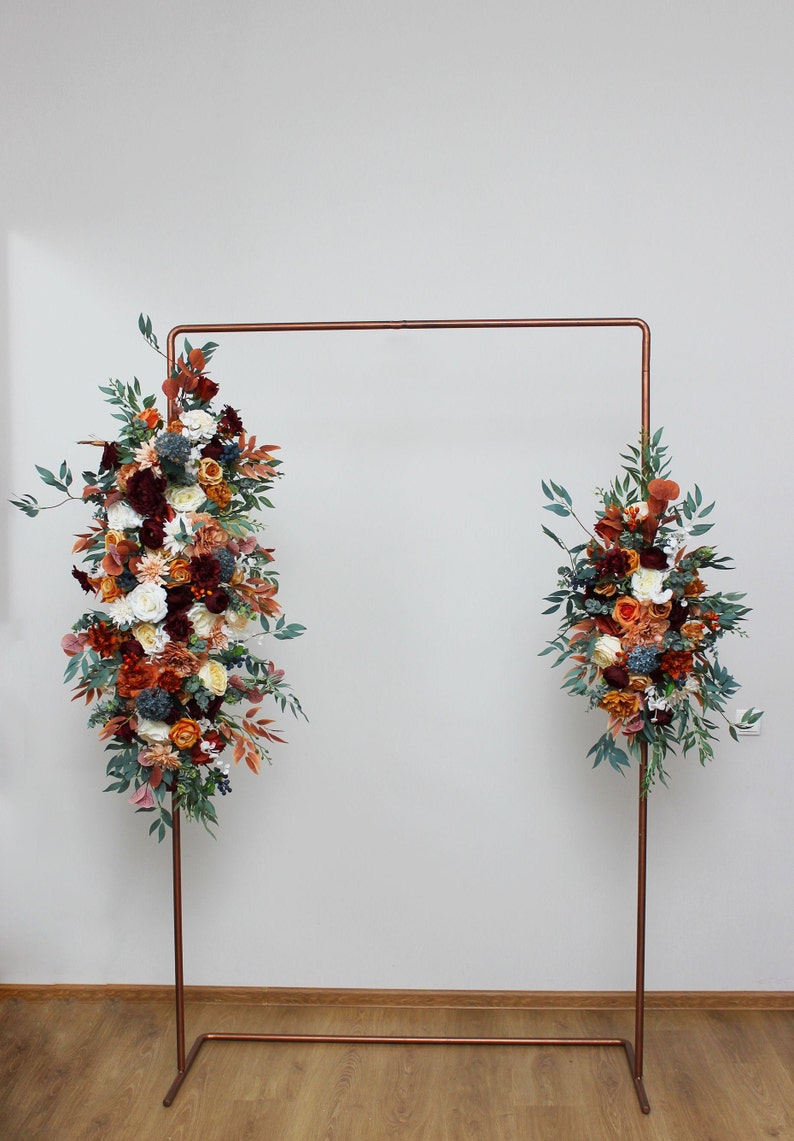 Rust burgundy flowers Flower arch arrangement Wedding corner swag Faux flowers wedding arrangement Orange burgundy fall wedding image 1