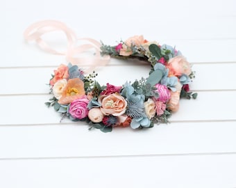 Spring summer wedding Magenta peach coral dusty blue flowers Flower crown Flower girl crown  Wedding flowers Bridal flower crown