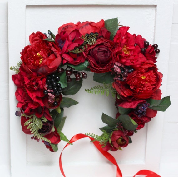 Red flower crown Large floral crown Peony flower crown Flower Etsy