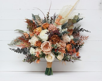 Boho bouquet Pampass grass Orange ivory rust terracotta bridal bouquet Faux bouquet Fall wedding  Faux blooms Boho wedding- width 16 inch