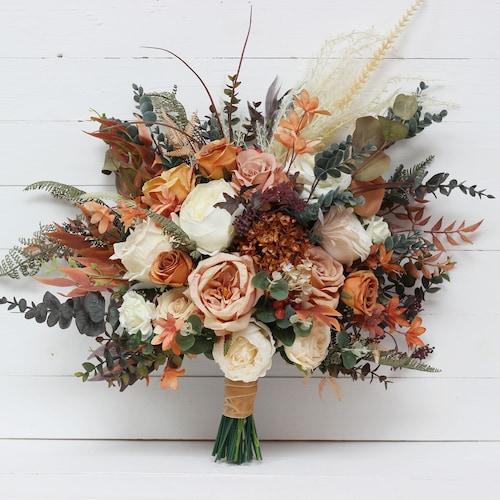 Boho bouquet Pampass grass Orange ivory rust terracotta bridal bouquet Faux bouquet Fall wedding  Faux blooms Boho wedding- width 16 inch