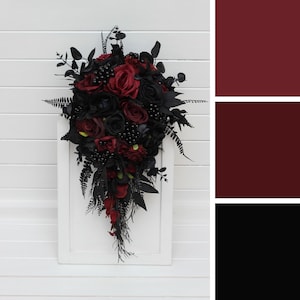 Cascading bouquet Burgundy black flowers Fall bridal bouquet Faux bouquet Fall wedding Halloween wedding  Gothic wedding