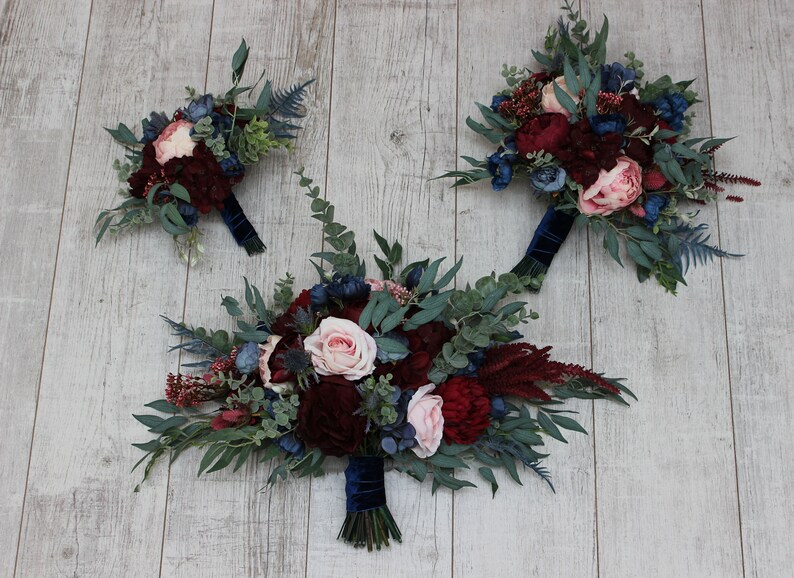 Burgundy Navy Blue Blush Pink Flowers Bridal Bouquet Faux Etsy