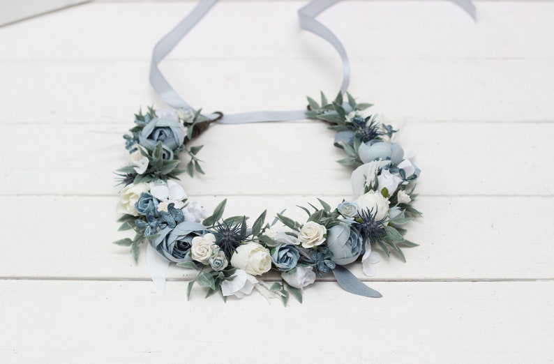 Dusty blue white flower crown Floral crown Flower headpiece Maternity Bridal hair wreath Flower girl Bridesmaid Hair flowers image 3