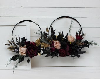 Deep purple black gold beige hoop Alternative bridesmaid bouquet Boho wedding Floral backdrop Fall wedding Halloween wedding Gothic wedding