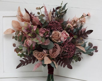 Dusty rose beige burgundy wedding Bridal flowers Fall wedding bouquet