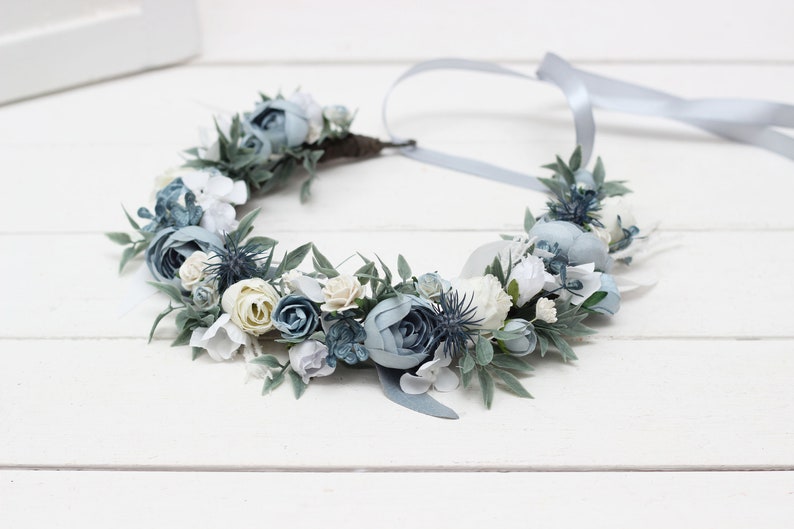 Dusty blue white flower crown Floral crown Flower headpiece Maternity Bridal hair wreath Flower girl Bridesmaid Hair flowers image 7