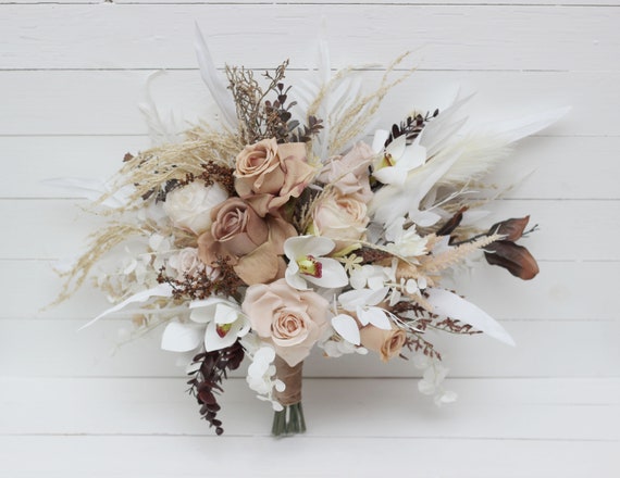 Bouquet bohème Beige blanc brun fleurs Bouquet de mariée Faux - Etsy France