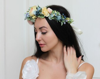 Ready to ship Pale blue pink spring flower crown Bridal headband Floral hair wreath Wedding halo Flower girl crown Bridesmaid headpiece