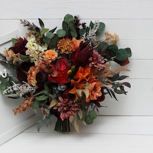 Burgundy burnt orange flowers Bridal bouquet Faux bouquet Fall wedding  Boho wedding Faux blooms - width 20&quot;