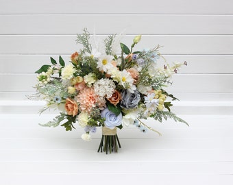 Spring summer wedding Ivory yellow peach dusty blue flowers Bridal bouquet Silk flowers Wildflowers bouquet Chamomile bouquet