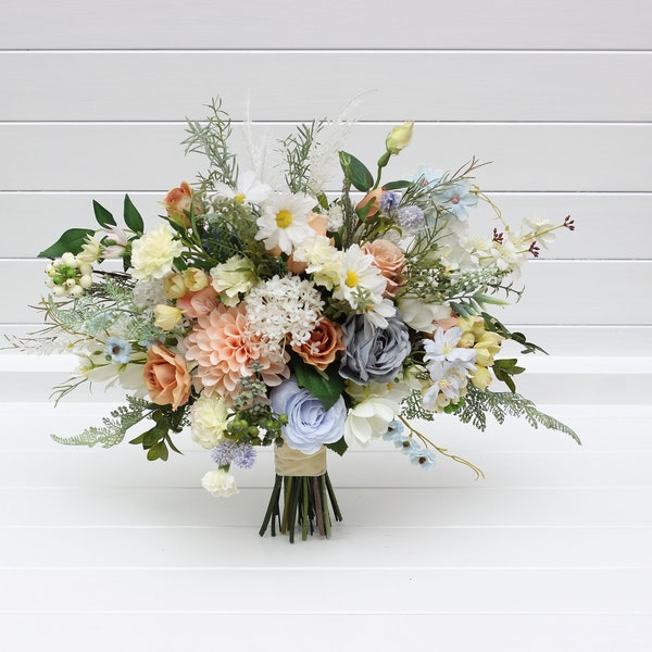 Spring summer wedding Ivory yellow peach dusty blue flowers Bridal bouquet Silk flowers Wildflowers bouquet Chamomile bouquet