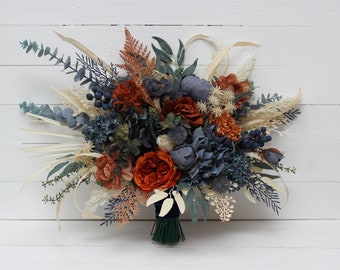 Rust navy blue ivory bouquet Classic wedding Orange silk flowers Boho wedding Bridal bouquet Wedding bouquet