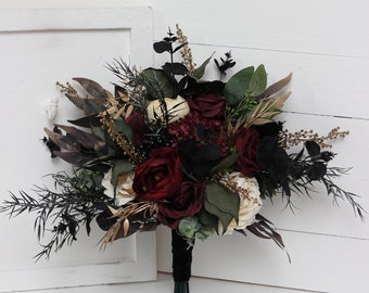 Burgundy black gold ivory flowers Fall bridal bouquet Emerald green Bridesmaid bouquet  Halloween wedding Silk flowers Boho wedding