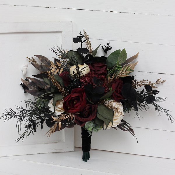 Burgundy black gold ivory flowers Fall bridal bouquet Emerald green Bridesmaid bouquet  Halloween wedding Faux flowers Boho wedding