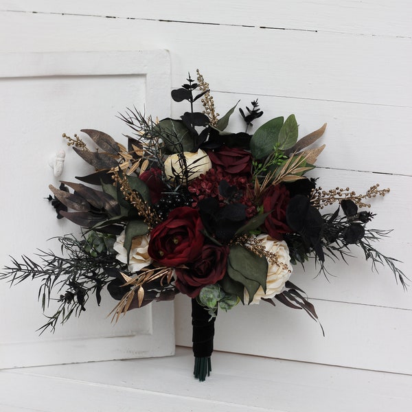 Burgundy black gold ivory flowers Fall bridal bouquet Emerald green Bridesmaid bouquet  Halloween wedding Silk flowers Boho wedding