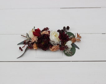 Orange ivory burgundy floral comb Floral headpiece Bridal flower clip Fall weddinf flowers Hair comb wedding hair accessories