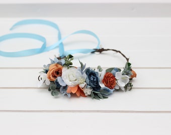 White terracotta dusty blue flowers Flower crown Flower girl crown Wedding floral crown