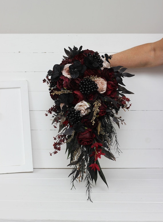Cascading Bouquet Burgundy Black Gold Beige Flowers Fall Bridal Bouquet Faux Bouquet Fall Wedding Halloween Wedding Boho Wedding Etsy UK