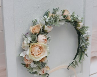 SALE! Ivory peach flower crown Floral headband Bridal headpiece Wedding hair wreath Bridesmaid Flower girl Maternity photo props Boho