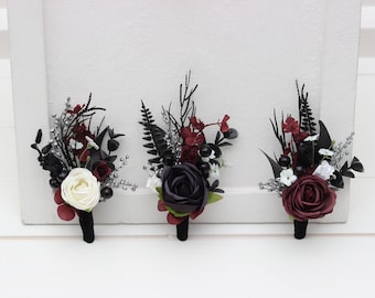 Burgundy black silver flowers  Fall wedding Halloween wedding Boutonniere Flower wrist corsage