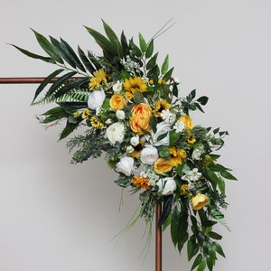 One arch arrangement Sunflower archway flowers White yellow rustic wedding Wedding flowers Floral arrangement Arbor flowers