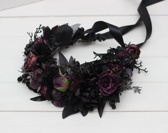 Halloween flower crown Deep purple black wedding Bridal headpiece  Hair wreath Bridesmaid crown Maternity crown